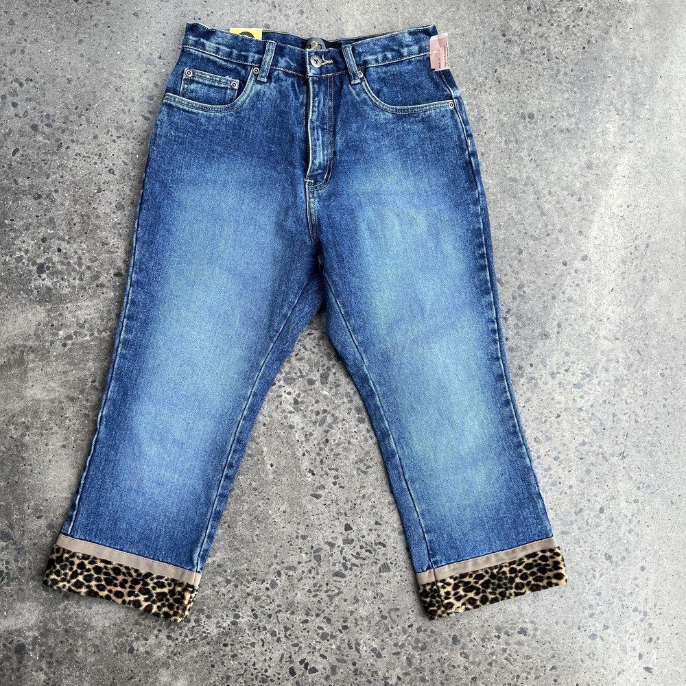 Y2K Rue 21 Jeans Womens 14R Blue Leopard Cuff Straight Leg Denim Cropped Pants